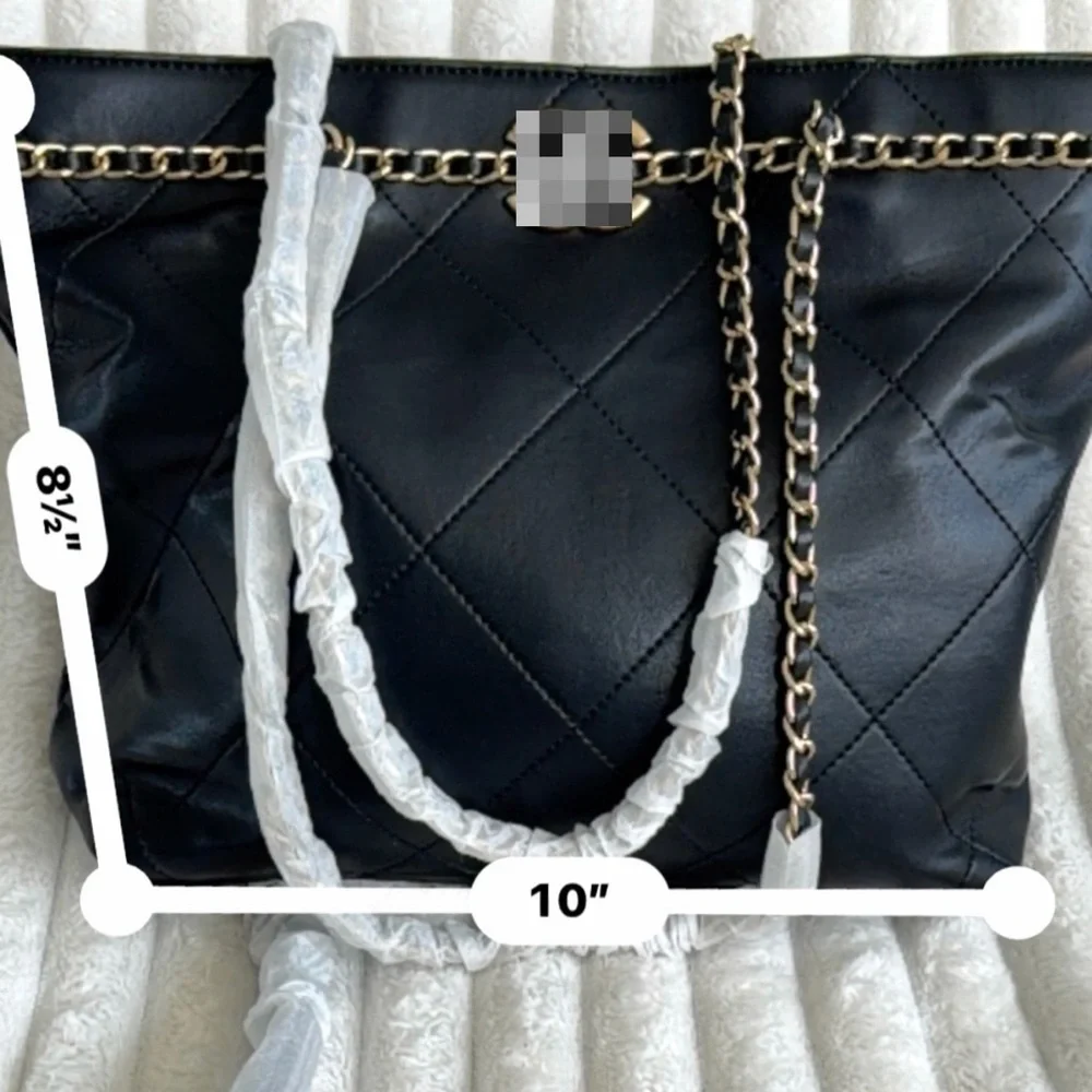 Quilted Black Chain-Handle Tote Bag - Picture 1 of 4